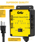 Ortis Automatic Vacuum Switch with yellow front panel, front view showing auto/off switch and 120V outlets.