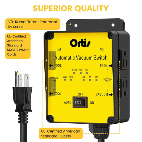 Ortis Automatic Vacuum Switch with yellow front panel, front view showing auto/off switch and 120V outlets.