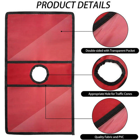 12 Pack Traffic Cone Sleeve With Pockets For Caution And Safety Signs Colorful Cone Covers For Outdoor Activities Parking Lots Sports Training Warning Messages 6 Color Options Your Go To Safety Gear with red fabric and black detailing