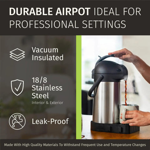 Person pouring coffee from Big Batch Coffee Carafe With Pump And Drip Tray 74oz 2.2L Thermal Airpot, stainless steel design.