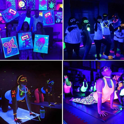 Group enjoying indoor party lighting under 40ft Flexible UV Black Light Strip With LED Kit, 12V Blacklight for dances and decor.
