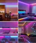RGBW LED Strip With Four Colors In One, Individually Addressable SK6812 Upgrade, showing vibrant lighting in various room settings.