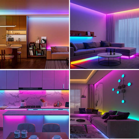 RGBW LED Strip With Four Colors In One, Individually Addressable SK6812 Upgrade, showing vibrant lighting in various room settings.