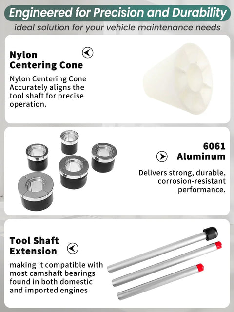Cam bearing tool kit components: nylon centering cone, several aluminum adapters, and three tool shafts.