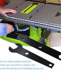 User using the Badass Table Saw Wrench Set Compatible With Ryobi 10 Inch Table Arbor Blade Replacement on a table saw.