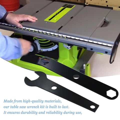 User using the Badass Table Saw Wrench Set Compatible With Ryobi 10 Inch Table Arbor Blade Replacement on a table saw.