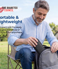 Man placing Insulin Cooler Travel Case With Two 90g TSA Ice Packs into backpack, outdoor setting