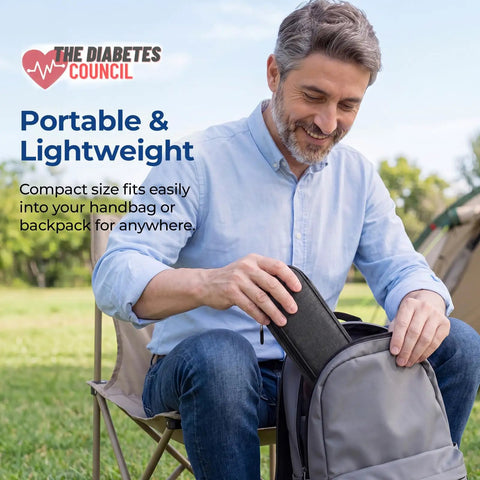 Man placing Insulin Cooler Travel Case With Two 90g TSA Ice Packs into backpack, outdoor setting