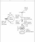 Standard 1.5 Inch Cable Drive Bath Drain Replacement Trim In Slick Matte Black specification sheet with component details.