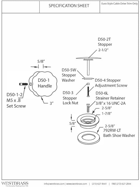 Standard 1.5 Inch Cable Drive Bath Drain Replacement Trim In Slick Matte Black specification sheet with component details.