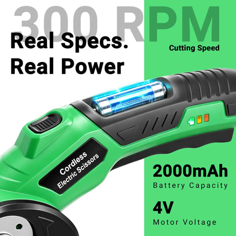 4V Cordless Electric Scissors Rechargeable Box Cutter With 2000mAh Battery showing cutting speed and battery display.