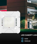 150W LED Canopy Light, 20250 LM, 5000K Daylight White, 100-277VAC, DLC Qualified And ETL Listed, front view on dark background