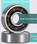Close-up of skate wheel bearings; Bearing Width 22mm, Inner Diameter 8mm, Thickness 7mm for 60mm Inline Skate Wheels 90A Hardness Replacement Pack With Bearings For Indoor And Outdoor Skating Durable Fast Rolling 4 Pack Built For Street And Rink Grippy Longevity.