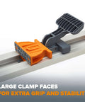 BORA NGX 100-inch clamp-edge saw guide, front view, on aluminum track with orange clamp and gray handle