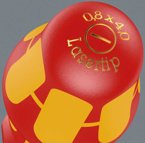Close-up of Kraftform Plus VDE Insulated Slotted Screwdriver With Lasertip Drive, showing Lasertip marking on red handle.