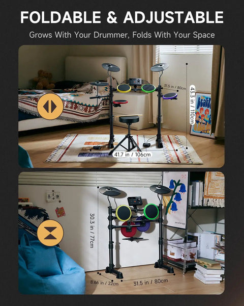 Kids Electric Drum Set 7 Piece With Quiet Silicone Pads And 9 Inch Cymbals, 150 Sounds and 15 Kits, foldable design in bedroom