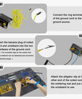 Guide showing connection steps for 27.6 By 15.7 Inch Extra Large Soldering Mat With Wrist Strap And Grounding Accessories for repairs.