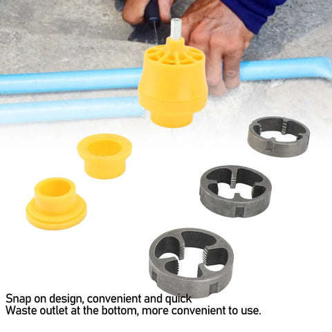 Topincn Electric Drill Pvc Threader Tap And Die Set For Plumbing, featuring yellow and black fittings for secure pipe threading.