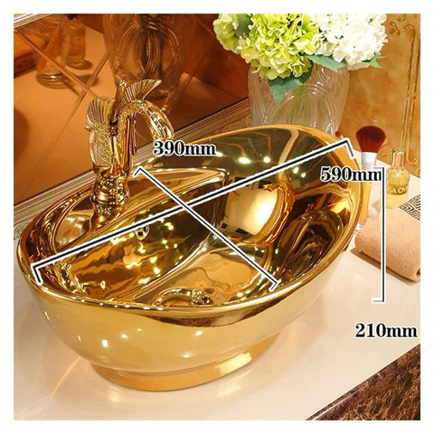 Countertop Bathroom Sinks Ceramic Wash Basin Golden Sink with dimensions 390mm x 590mm x 210mm, ideal for bathroom or kitchen use.