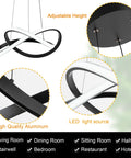 Cool Modern Irregular Ring LED Pendant Light Fixture For Dining Room Kitchen Hallway And Living Spaces Adjustable Contemporary Chandelier With 6000K Daylight Bright White Tone Sleek Metal Build And Minimalist Design, featuring adjustable height and aluminum construction with close-up views.