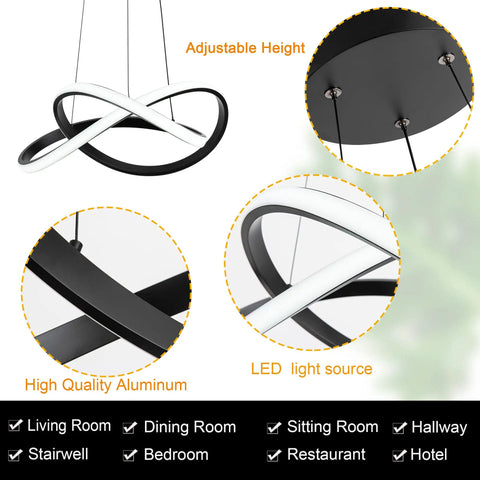 Cool Modern Irregular Ring LED Pendant Light Fixture For Dining Room Kitchen Hallway And Living Spaces Adjustable Contemporary Chandelier With 6000K Daylight Bright White Tone Sleek Metal Build And Minimalist Design, featuring adjustable height and aluminum construction with close-up views.