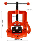 Workhorse Heavy Duty Pipe Vise for 0.4 to 2.4 Inch Tubing, cast iron design with dimensions and sturdy base.