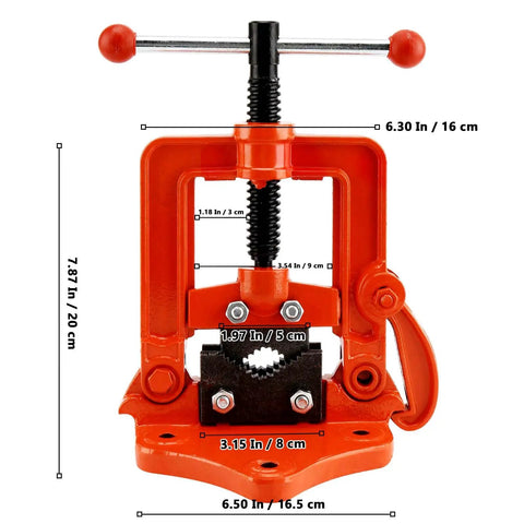 Workhorse Heavy Duty Pipe Vise for 0.4 to 2.4 Inch Tubing, cast iron design with dimensions and sturdy base.