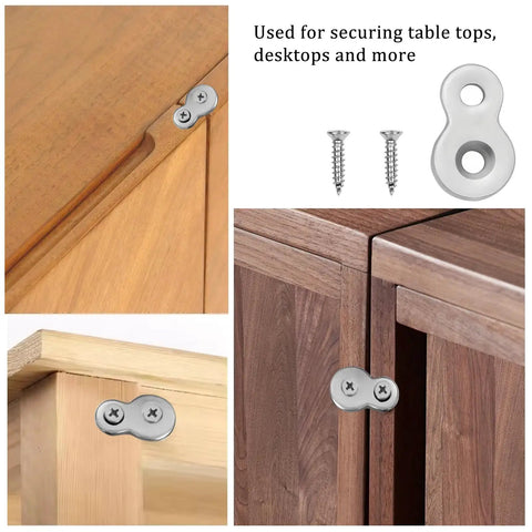 Thirty Piece Bundle Heavy Duty Figure Eight Table Top Fasteners With Sixty Matched Screws For Serious Cabinet Woodworking And Office Furniture Assembly No Sweat Setup Always in use on wooden panels.