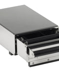 Pro Level Silent Espresso Knock Box For Home Baristas Stainless Steel Coffee Grounds Waste Holder with open drawer view.