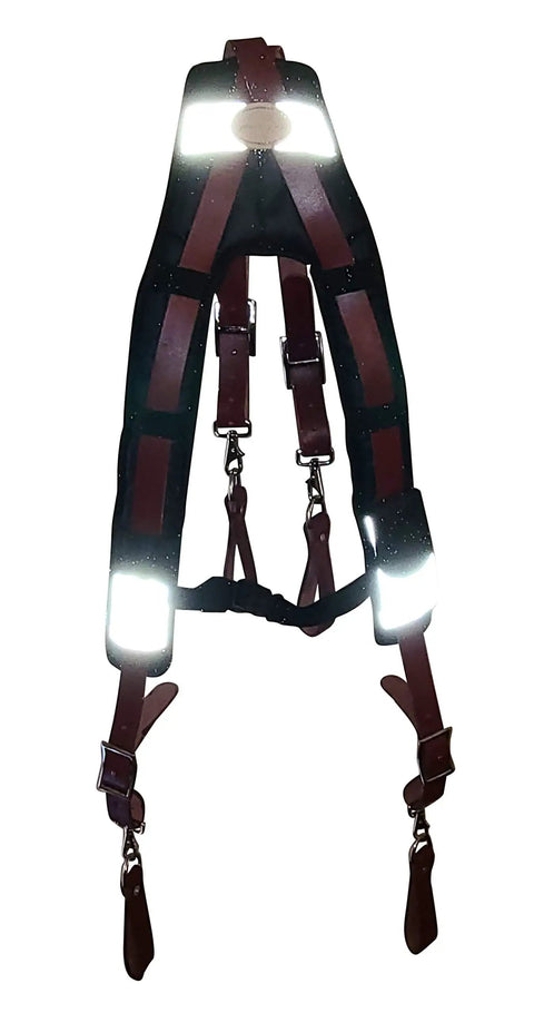 Premium Leather Tool Belt Suspenders With Extra Thick Padding Contoured Yoke For Back Support And Even Load Distribution One Size Fits All Ideal For Construction Work Onsite, front view