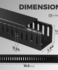 Close-up view of 62.8 Inch Cable Raceway Kit dimensions, showcasing black PVC material and slots for under desk cable management.