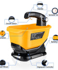 Cordless Seed And Fertilizer Power Spreader Handheld For Lawn Care With features labeled, including handle, container, and switch.
