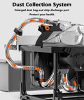 8.5 Inch Dust Free Table Saw With Beast Mode Motor And No Fuss Accuracy showing a dust collection system with hoses and dust bag.