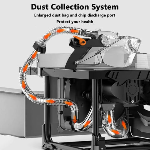 8.5 Inch Dust Free Table Saw With Beast Mode Motor And No Fuss Accuracy showing a dust collection system with hoses and dust bag.