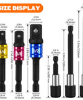 Size display of hex socket adapters and extension bars from the Flexible Drill Bit Extension Set With Bendable Shaft 105 Degree Angle