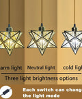 Lit Gold Ceiling Pendant Light With Star Design, Vintage Hanging Lamp with plug in cord, showing warm, neutral, and cold light options