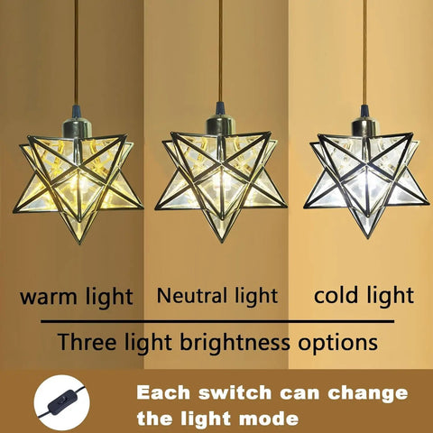 Lit Gold Ceiling Pendant Light With Star Design, Vintage Hanging Lamp with plug in cord, showing warm, neutral, and cold light options