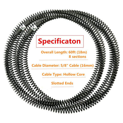 Drain Cleaning Cable 60 Feet Long 5/8 Inch With Six Cutters Hollow Core Sewer Snake For Stubborn Clogs shown coiled, specs included
