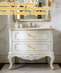 Gold Bow Cabinet Knob Set For Dresser And Cabinets on ornate white vanity with vintage brass finish, bathroom decor