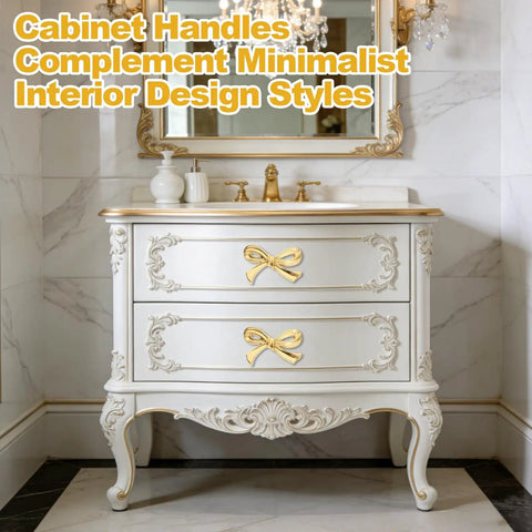 Gold Bow Cabinet Knob Set For Dresser And Cabinets on ornate white vanity with vintage brass finish, bathroom decor