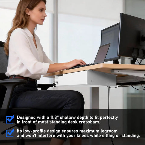 Kick Desk Chaos To The Curb With This Sleek Undermount Drawer Locker next to monitor, showing side view of legroom design.