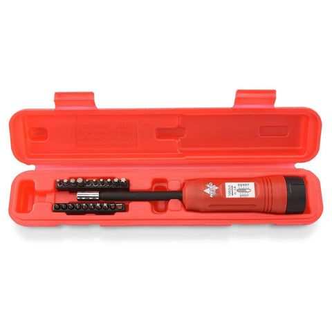Red case with torque screwdriver set, long shank, 1/4 inch drive, 20 hex bits, adjustable 10-50 inch pounds for HVAC and gunsmithing.