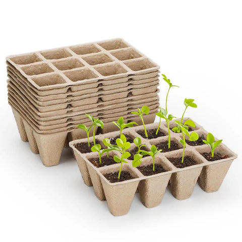 10 Pack 120 Cell Biodegradable Seed Starter Trays for Germination Peat Pots with seedlings sprouting