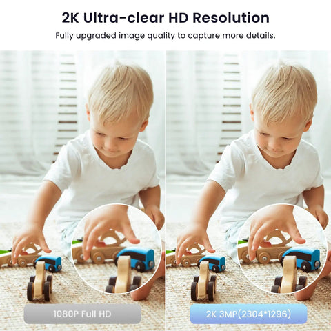 Comparison of 1080P Full HD and 2K Ultra-clear HD Resolution with a child playing, captured by Upgrade 2K WiFi Indoor Security Camera With Remote Control For Baby, Pets And Elder Home Monitoring, Night Vision, 24 Seven SD Card Storage, Works With Alexa And Google Assistant.