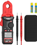 Round Jaw Digital Clamp Meter With NCV And 2000 Counts for auto and home use, includes probes, case, and AA batteries.