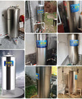 Collage of Vertical Stainless Steel Water Pressure Tank for Home and Garden Use with 60L to 300L Capacity, installed indoors and outdoors.