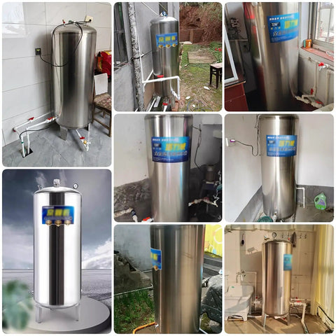 Collage of Vertical Stainless Steel Water Pressure Tank for Home and Garden Use with 60L to 300L Capacity, installed indoors and outdoors.