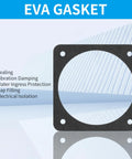 Square EVA gasket with pre-drilled holes for sealing, vibration damping, and water protection, shown on reflective surface.