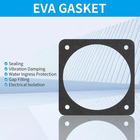 Square EVA gasket with pre-drilled holes for sealing, vibration damping, and water protection, shown on reflective surface.