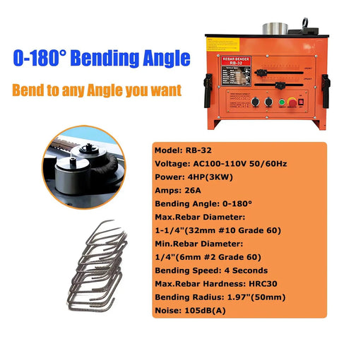 Heavy Duty Electric Rebar Bender One Quarter Inch Steel Bar Bending Machine 3000 Watt Pure Copper Motor Dual Foot Pedal No Sweat Operation Pro Workhorse For Real Deal Builders showing bending machine specifications and accessories.